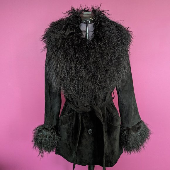 Urban Outfitters Jackets & Blazers - NEW UO Anita Black Suede with Mongolian Fur Trim Tie Belt Jacket size Small